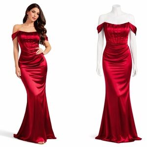 Corset Dress‎ Red Satin Size M Off the Shoulder Gown Valentine’s